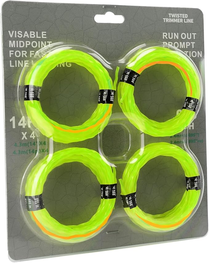 4 Pack String Trimmer Line .095 Compatible with Ego String Trimmer 095 Weed Eater String Pre-Cut Dual Color 3-section Fast-positioning Twisted Trimmer Line Universal Fit Weed Wacker String 14 ft