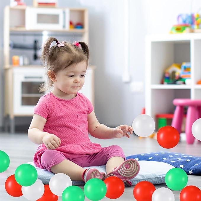 Shappy 180 Pcs Soft Plastic Balls for Toddlers, Crush Proof Ocean Balls Reusable for Photo Booth Props Play Tent Swimming Pool Party Holiday Decoration(Green, Red, White)