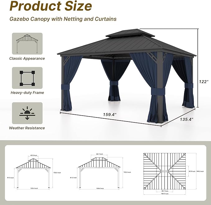 Gotland 12' x 14' Navy Hardtop Gazebo with Curtains and Netting, Double Roof Iron Metal Pergola for Patio, Garden, Lawn