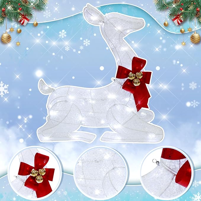 27" Christmas Deer Outdoor Decoration with Lights,3D Lighted-up Xmas White Reindeer with Red Bow and Bell Christmas Ornament,Kneeling Deer Perfect for Lawn Porch Indoor Outdoor Holiday Decor