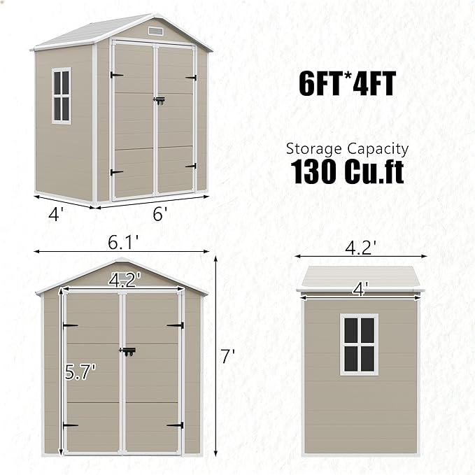 Outdoor Shed 5x3/6x4/7x7/8x6/8x10/8x12 FT, 15MM Thick PP Resin Plastic Shed with Lockable Door & Floor - Waterproof Plastic Tool Shed for Bike, Garbage Can, Backyard, Patio ﻿ ﻿ (Light Brown, 6x4FT)
