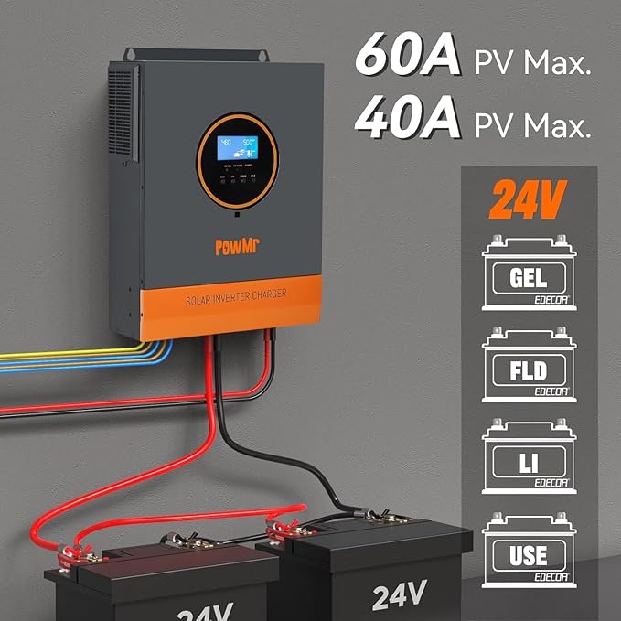 PowMr Solar Inverter 3200W 24VDC to 110VAC, 3.2KW Pure Sine Wave Inverter Bulit-in 60A MPPT Controller and with 40A AC Charger, Max.PV Input 1600W 108V, fit for Lead-Acid and Lithium Battery