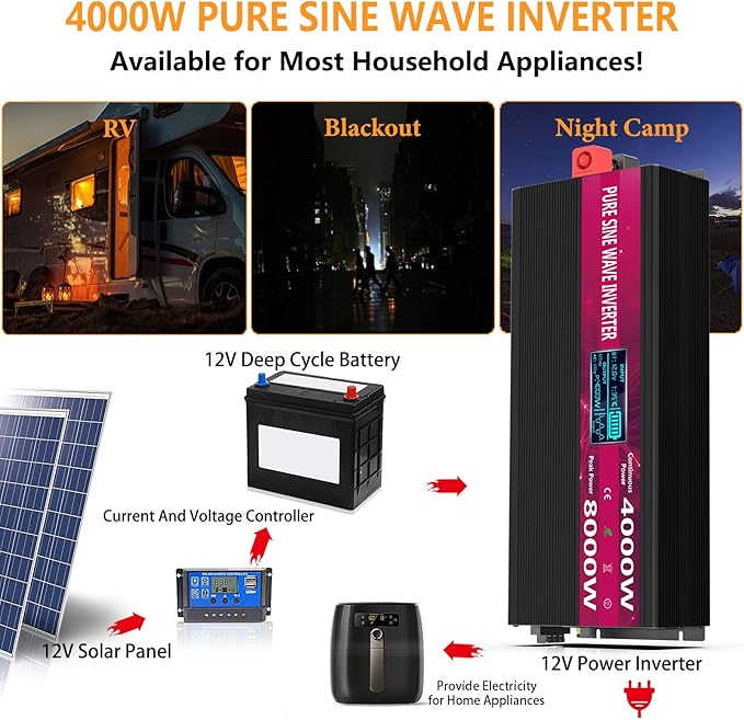 Pure Sine Wave Power Inverters 4000W 12V DC to AC 110V 120V Peak 8000W with Remote Control 4 Outlets,Dual USB Port,LED Display Terminal Blocks for Inverter Truck RV Car Solar System