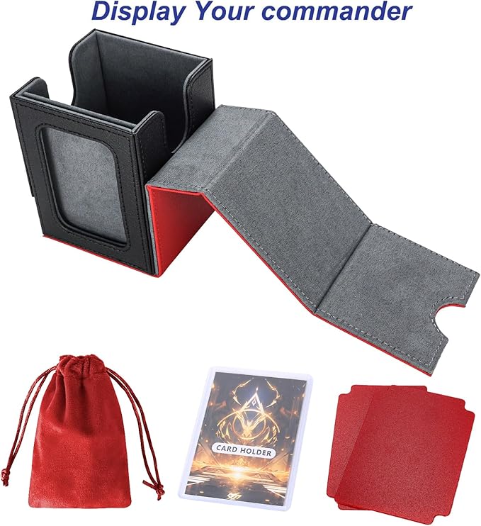 AFIING MTG Deck Box for Commander Display,Card Deck Case Fits 100 Double Sleeved Cards, Magic Commander TCG Card Storage Box with 2 Dividers,Dice Bag and 1 Toploader(Red Black)