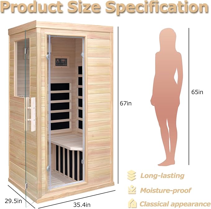 1 Person Infrared Sauna, Hemlock Wooden Indoor Far Infrared Side-Opening Sauna Room,Home Dry Sauna with 6 Infrared Heating Panels Tempered Glass Door,Bluetooth Speakers 7 Chromotherapy Lights（1350W）