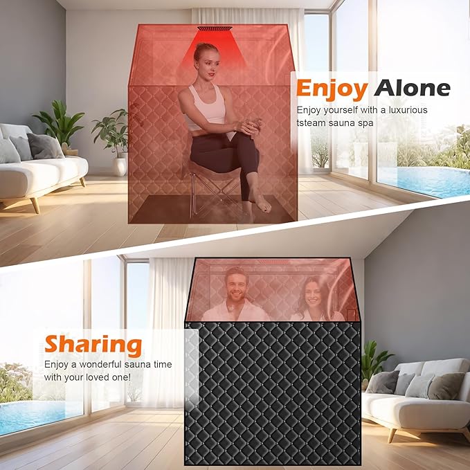 Smartmak 2 Person Portable Steam Infrared Sauna Box with 660nm Red Light Therapy Lamp for Home Relaxation, 4 L 1500W Steamer Extra Large Full Body Saunas Spa Tent, Remote Control, 2 Folding Chairs
