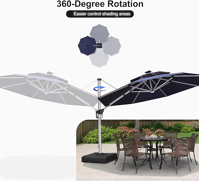 PURPLE LEAF 11ft Solar powered LED Patio Umbrella Outdoor Round Umbrellas Large Cantilever Umbrella with LED lights Windproof Offset Umbrellas Sun Umbrella for Garden Deck Pool Patio, Navy Blue