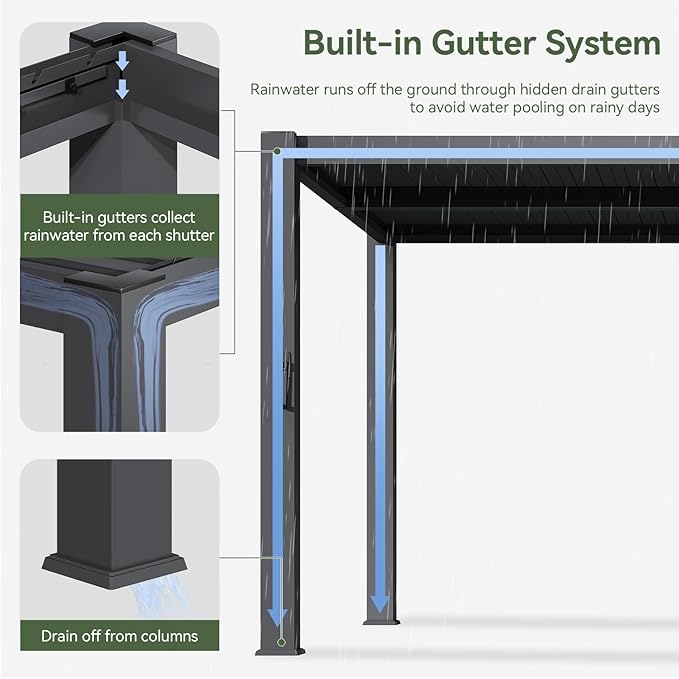 Aoxun Louvered Pergola 10' x 13' 96S Outdoor Metal Pergola with Adjustable Top for Decks, Gardens and Backyards, Easy Assembly via Structural Patent, Gray