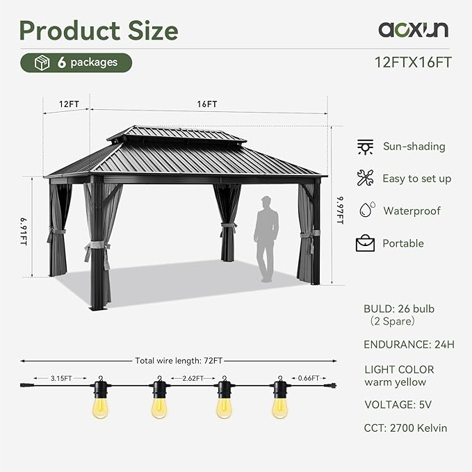 Aoxun Hardtop Gazebo 12FT X 16FT, Outdoor Pergolas with Mosquito Netting and Curtains, Galvanized Steel Double Roof Permanent Aluminum Gazebo, and LED Outdoor Waterproof Hanging Lights