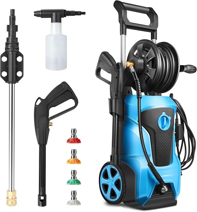 DNA MOTORING TOOLS-00231 Up to 2176 PSI Pressure 2.4 GPM Max Flow Electric Pressure Washer for Yard and Car Cleaning with Spray Nozzle Foam Bottle + 4 Turbo Nozzles IPX5 Driveway Patio Deck (Blue)