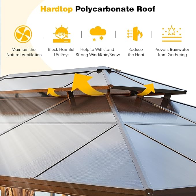 MELLCOM 12x16ft Outdoor Polycarbonate Double Hardtop Roof Gazebo, Aluminum Furniture Gazebo Canopy with Netting and Curtains for Garden, Patio, Lawns, Party and Deck
