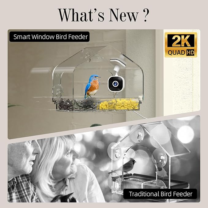 Smart Window Bird Feeder Camera with AI, Modern Design for Panoramic Views, 2K HD Live Feed, USB Powered & Secure Suction Mount - The Ultimate Tech Gift (Clear)