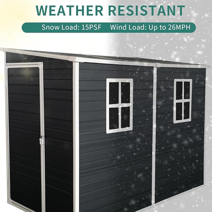 LANTRO JS Outdoor Storage Shed with Floor Included, 4x8FT Plastic Storage Shed with Floor with 2 Windows and Lockable Door, Backyard Storage Sheds for Garden Tools, Bike