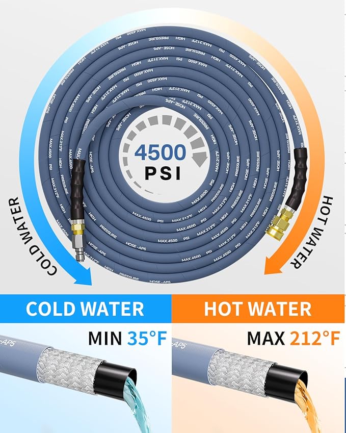 Pressure Washer Hose 100FT 3/8" for Cold and Hot Water 212°F, with Swivel Quick Connect, 4500PSI Kink Resistant Grade Steel Wire Braided, Power Washer Hose With 2pcs M22-14mm Adapter