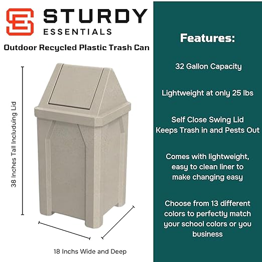 32 Gallon Square 100% Recycled Plastic Heavy Duty Outdoor Commercial Trash Can with Swing Top Lid | Great for Schools and Businesses - Beige Granite