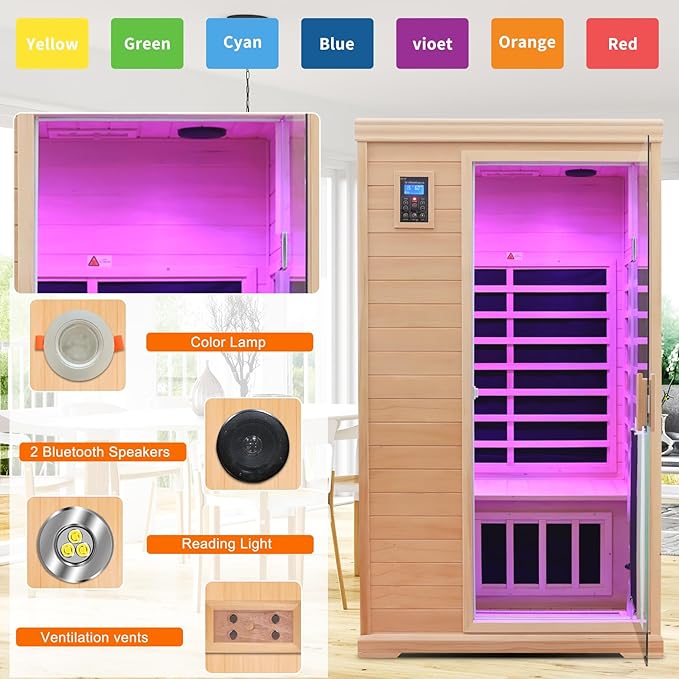 2 Person Infrared Saunas for Home, 2 Person Sauna Hemlock Wood Low EMF FAR Dry Sauna Indoor Saunas for The Home, with Colored Lights 1750W, Room:76.37 * 38.58 * 43.7Inch
