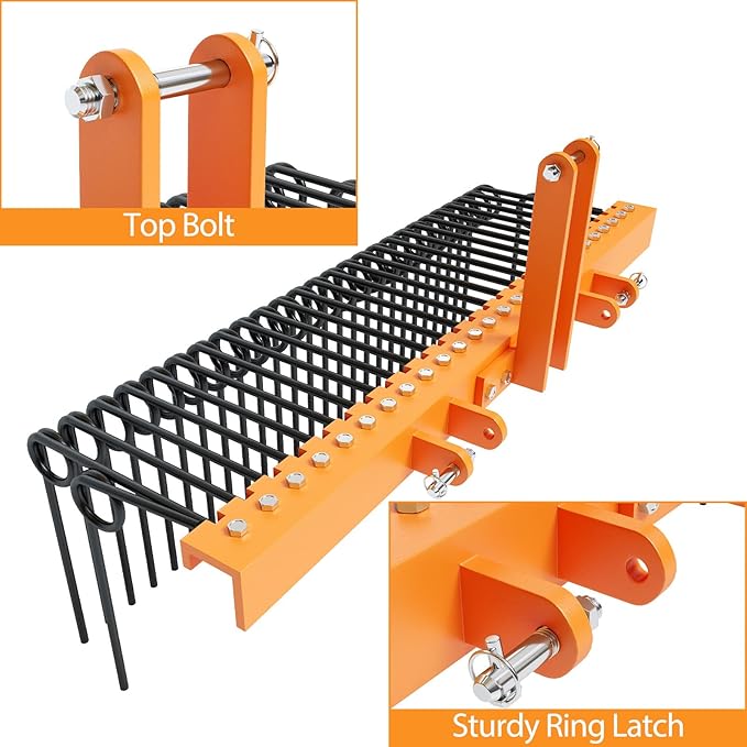 60" Durable Powder Coated, Steel Pine Grass Rake, Steel Spring Landscape Rake, Cat 0 Cat 1 Attaches to Tractor, 3-Point Hitch, Black + Orange