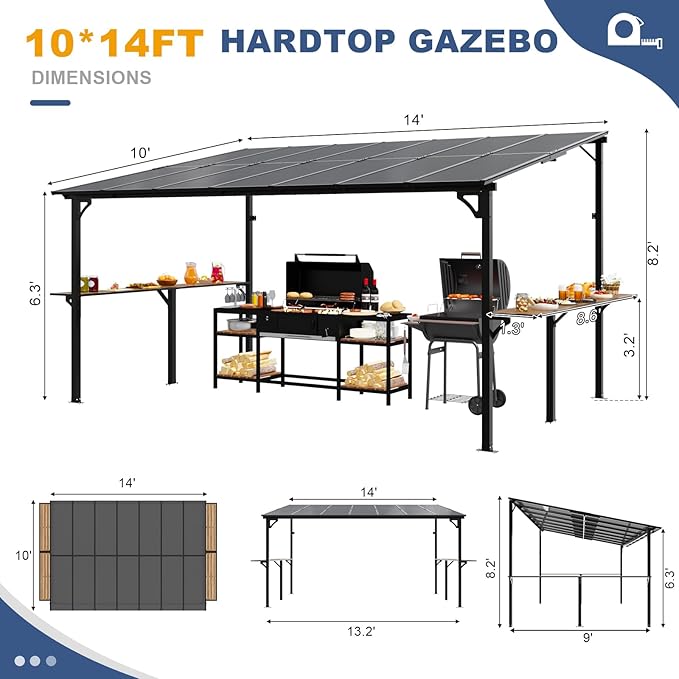 MEISSALIVVE 10' x 14' Wall Mounted Gazebo, Outdoor BBQ Grill Gazebo with Side Shelf, Lean to Metal Awnings with Sloped Roof, Heavy Duty Pergola for Backyard, Deck, Black