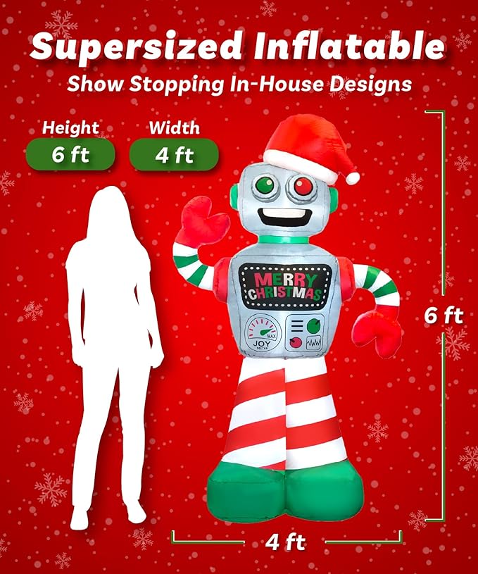 Holidayana 6 ft Christmas Inflatable Robot Yard Decoration - 6 ft Tall Lawn Decoration, Bright Internal Lights, Built-in Fan, and Included Stakes and Ropes