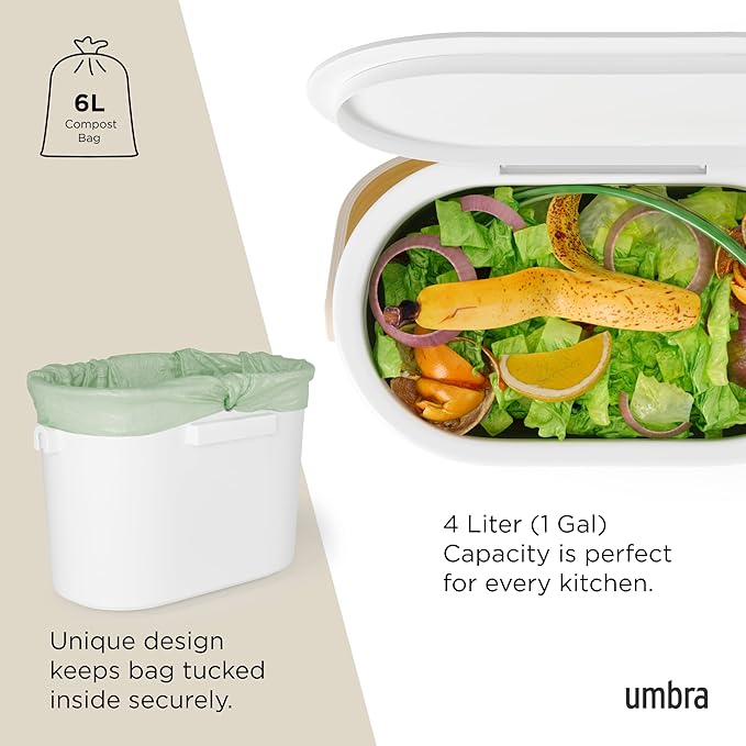 Umbra Bellwood Kitchen Compost Bin – White/Natural, Countertop or Cabinet Mounted, 6L Compost Container with Hidden Bag Retainer, BPA-Free & Dishwasher Safe| Bellwood Collection