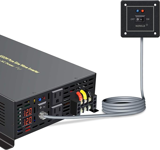 WZRELB 4000W 12VDC 120VAC Pure Sine Wave Power Inverter, 2 AC Outlets, Wired Remote Control, RV (RBP-400012WR)