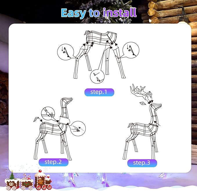 Outdoor Christmas Decorations Deer Family - HOYECHI 3-Piece Lighted Prismatic Reindeer with 465 LED Lights - Outside Yard Decor Kit, Stakes, Zip Ties - Iridescent