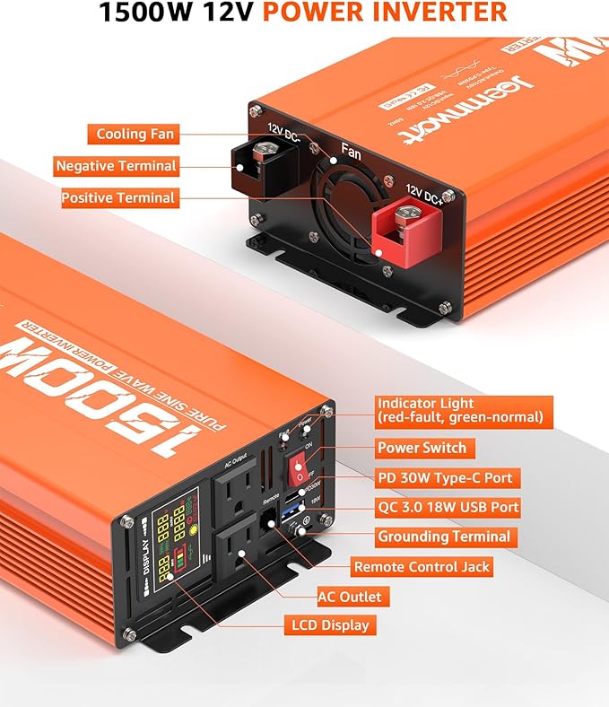 1500 Watt Pure Sine Wave Inverter 12V DC to 110V Converter with 2 AC Outlets, QC18W/PD30W USB Port for Home RV Truck, Car Power Inverter with LCD Display and Remote Control