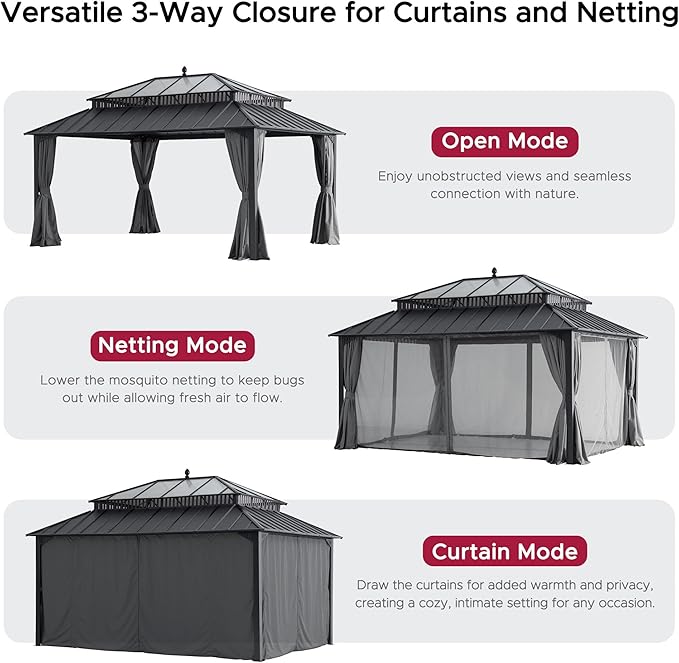 SUNJOY Kingston 16' x 12' Hardtop Gazebo with Galvanized Steel/Polycarbonate Double Roof, Curtain and Netting, Gray Aluminum Posts Permanent Pavilion Gazebo for Garden, Patio, Deck, Lawn