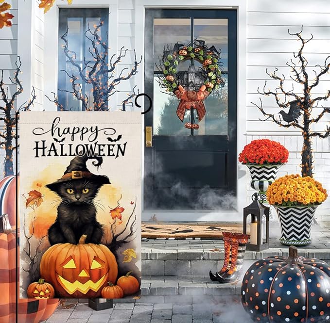 BLKWHT Halloween Cat Garden Flag 12x18 Vertical Double Sided Happy Halloween Pumpkin Holiday Outside Decorations Burlap Yard Flag BW479