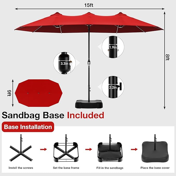 Joyside 15FT Large Patio Umbrella with Base Included, Outdoor Double Sided Umbrella, Rectangle Umbrella with Crank Handle, 12 Sturdy Ribs for Deck, Porch and Pool