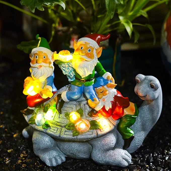 Solar Garden Outdoor Statues Three Gnomes Having Party on Turtle with 7 LED Solar Figurine for Lawn,Patio,Balcony,Yard Decor Unique Housewarming Gift, for Grandfather, Father,Grandma,Wen