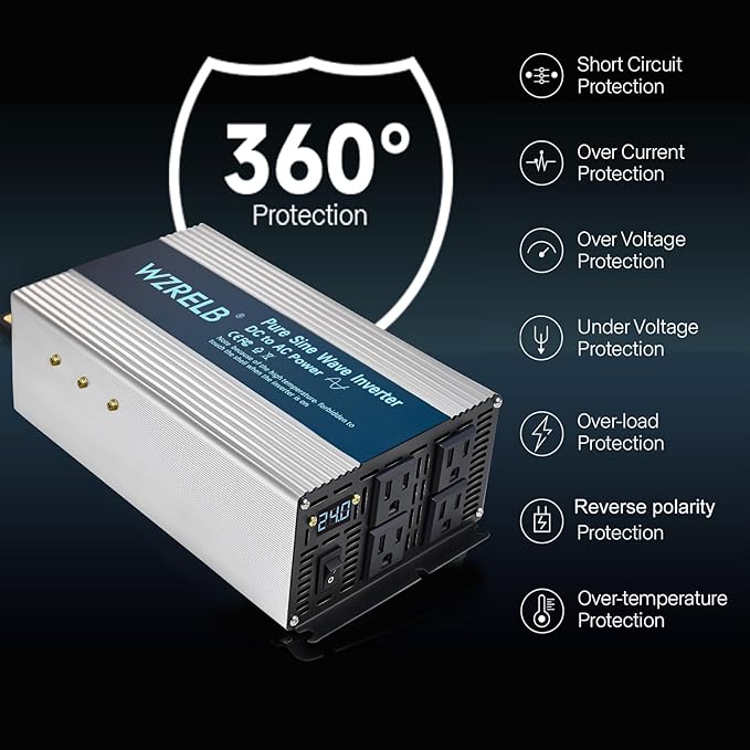 WZRELB 1800W Pure Sine Wave Inverter 24V DC to 110V 120V AC,Car Power Inverter with 4 AC Outlets, LED Display,Off-Grid Portable Power Converter for Home, RV, Truck, Camping