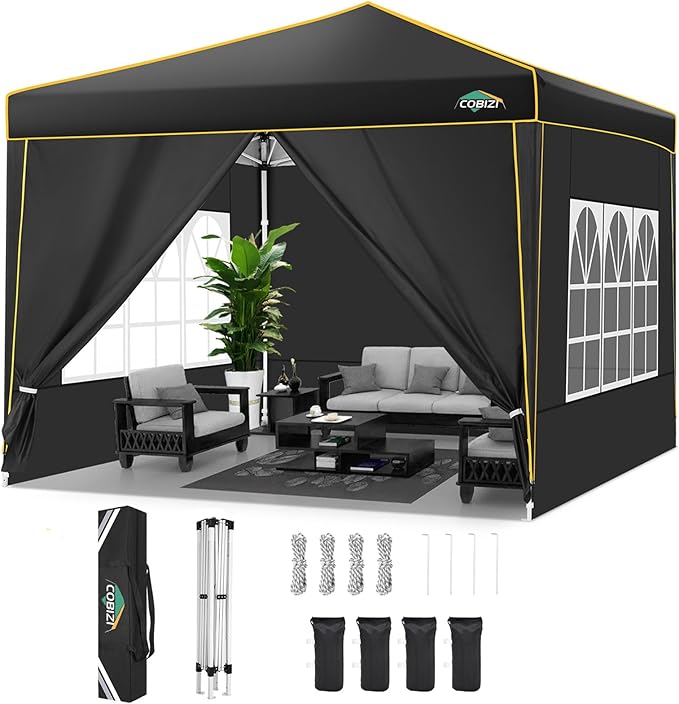 COBIZI 10x10 Pop Up Canopy with 4 Sidewalls and 4 Sandbags UV Protection 50+ Camping Commercial Wedding Portable Tent for Backyard, Black