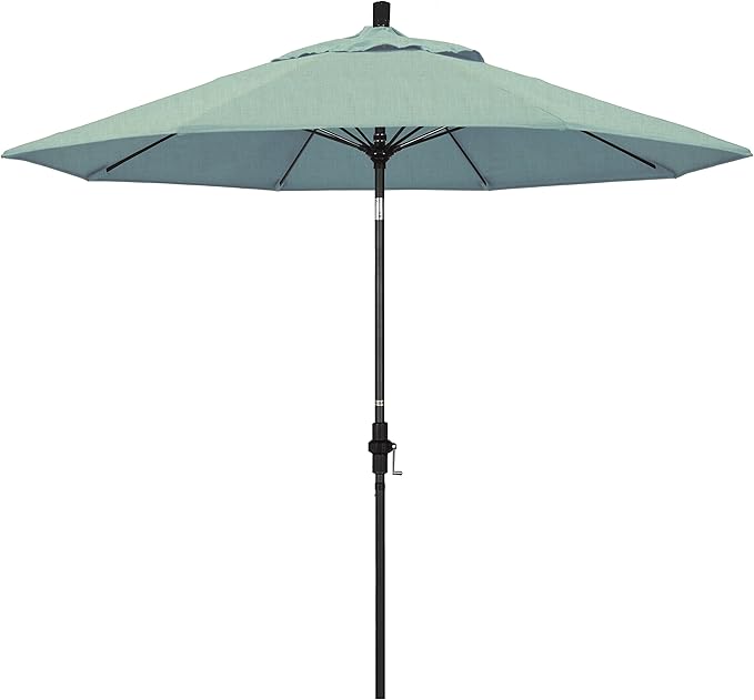 California Umbrella 9' Round Aluminum Pole Fiberglass Rib Market Umbrella, Crank Lift, Collar Tilt, Black Pole, Sunbrella Spectrum Mist