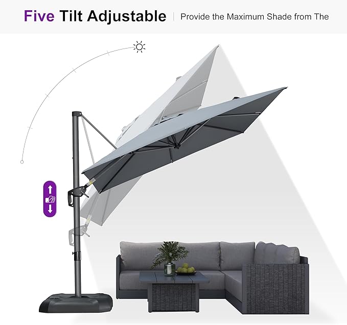 PURPLE LEAF 8'×8' Patio Cantilever Umbrella with Base Included Offset Outdoor Umbrella with cover Square umbrella outdoor patios for Backyard Pool Garden Light Grey