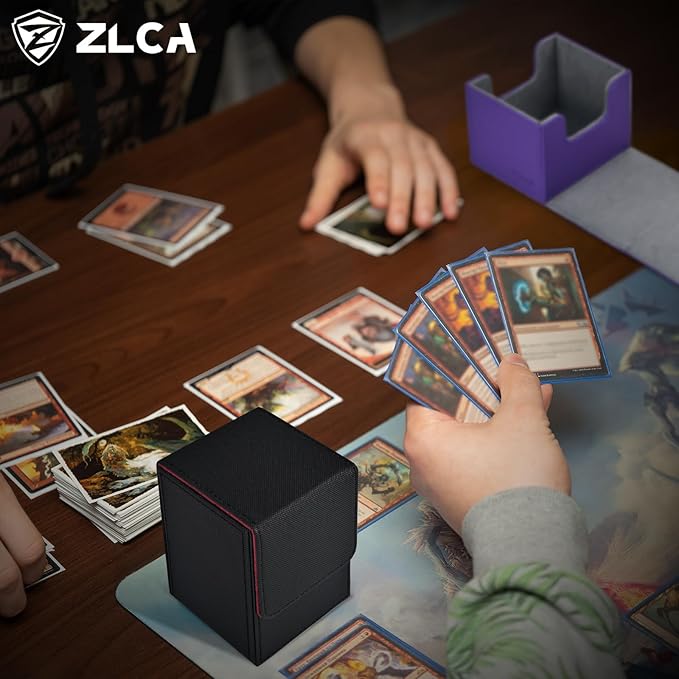 ZLCA Card Deck Box for Trading Cards, MTG YuGiOh Deck Case Holds 100+ Single Sleeved Cards, PU Leather Magnetic Card Storage Box Fits for TCG CCG Magic Game Cards (Black& Red)