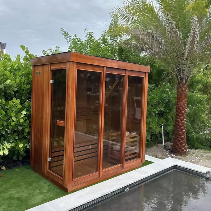 Outdoor Steam Sauna, Canadian Red Cedar Saunas 3 Person, 6KW ETL Toule Heater, Waterproof System, 220V,Broad Benche, Modern Sauna Box, Left Door (0-195℉)