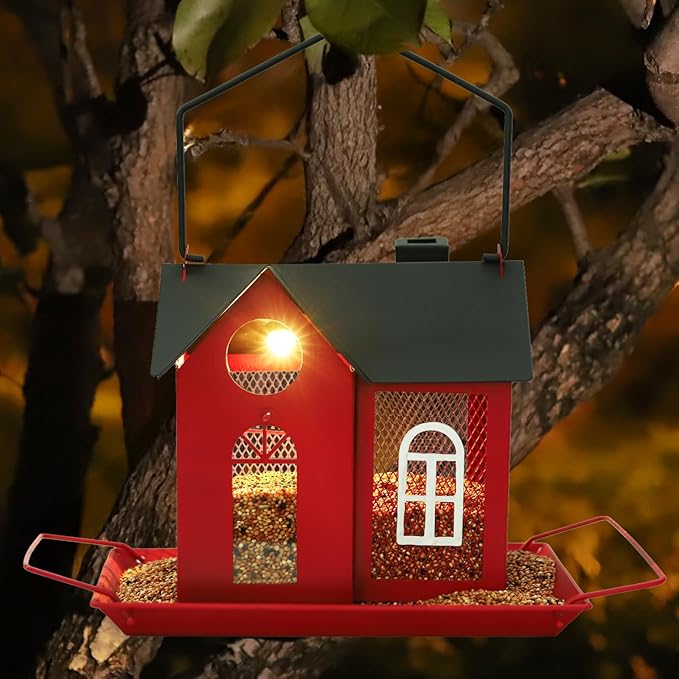 Solar Bird Feeder House for Outdoors – Red Metal Hanging Bird Feeder with Solar Light, Decorative Bird House Feeder for Cardinals, Finches, and Wild Birds, Weatherproof Backyard Garden Decor