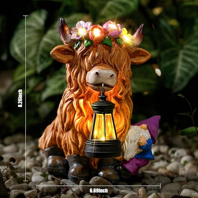 TOLIMI Garden Lantern Statues Resin Highland Cow with Gnome Outdoor Solar Light Decor Funny Decorations for Yard and Patio Gifts