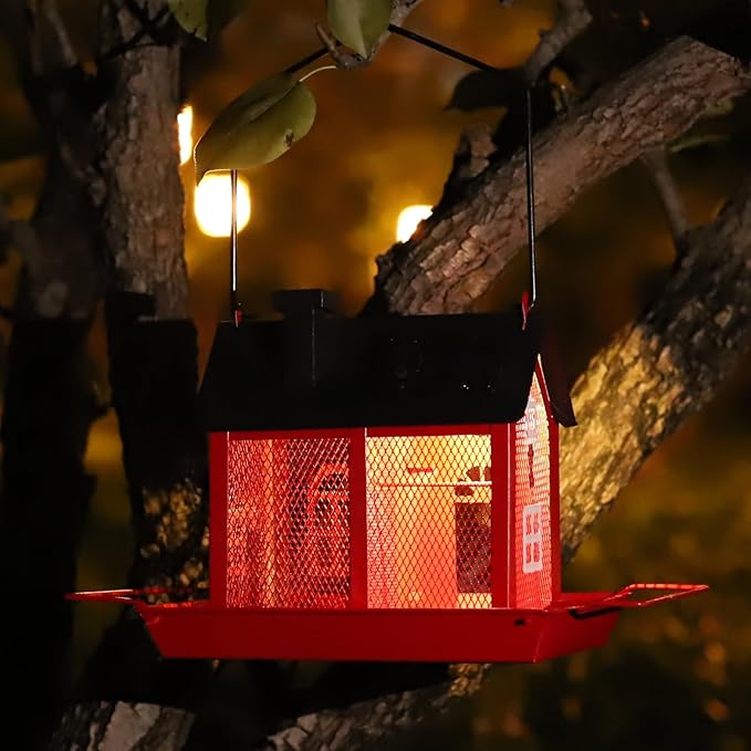 Solar Bird Feeder House for Outdoors – Red Metal Hanging Bird Feeder with Solar Light, Decorative Bird House Feeder for Cardinals, Finches, and Wild Birds, Weatherproof Backyard Garden Decor