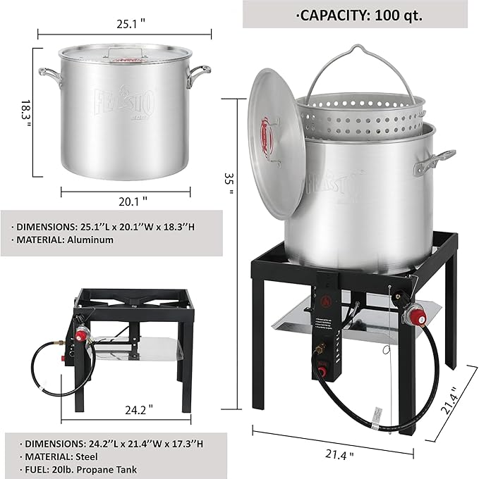100 QT Seafood Boil Pot Stock Pot and 10,0000 BTU Propane Stove,Aluminum Seafood Boiling Kit with Strainer Basket,Heavy Duty Propane Burner For Outdoor Cooking Seafood Shrimp Crawfish Boiling