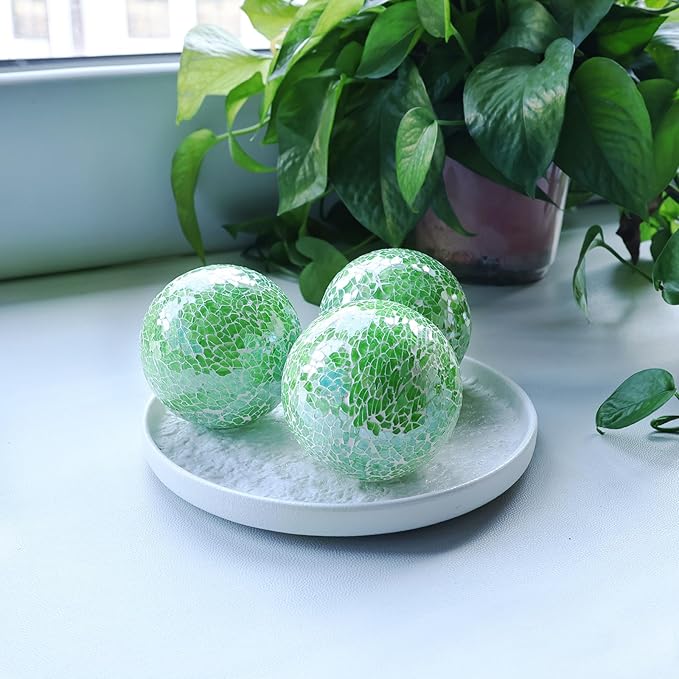 3.35 Inch Round Solid Glass Balls Orbs Decorative Mosaic Ball Centerpiece Sphere Crack Globe Crafts for Bowls Tray Table Garden Decoration Green Set of 3