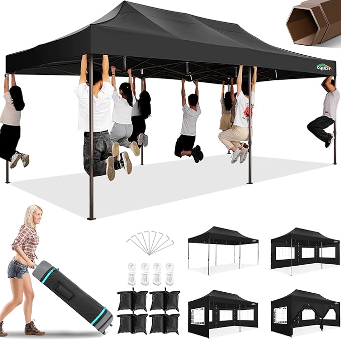 COBIZI 10x20 Pop Up Heavy Duty Canopy with 6 Sidewalls and Hexagonal Legs, Easy up Tent for Parties, Commercial and Wedding, Outdoor Canopy with Roller Bag, Sand Bags, Waterproof & UPF50+ (Black)