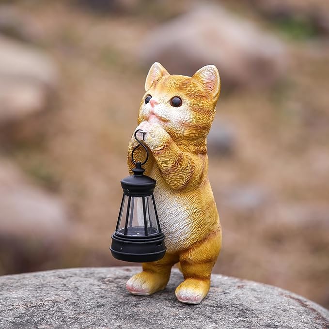 Solar Cat Garden Statue - Adorable Orange Tabby Figurine with Vintage Lantern for Outdoor Decor