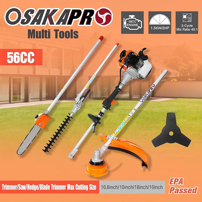 56cc 2-Cycle Gas Multi-Trimmer | 4-in-1 String Trimmer w/Rotatable Pole Saw, Weed Eater Weed Wacker, Brush Cutter & Hedge Trimmer Gas for Lawn, Yard, Garden Care, All-in-one Garden Tool