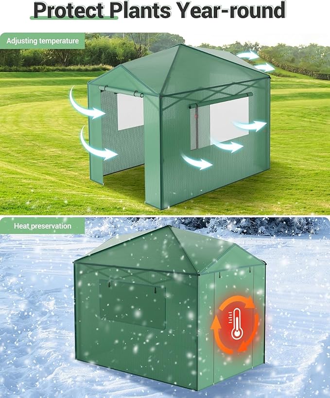 6x8FT Instant Pop-Up Walk-in Greenhouse, Plant Hot House with Galvanized Steel Frame, Green PE Cover, Roll-Up Zipper Door, Portable Large Plant Tent with Ground Pegs & Ropes for Stability