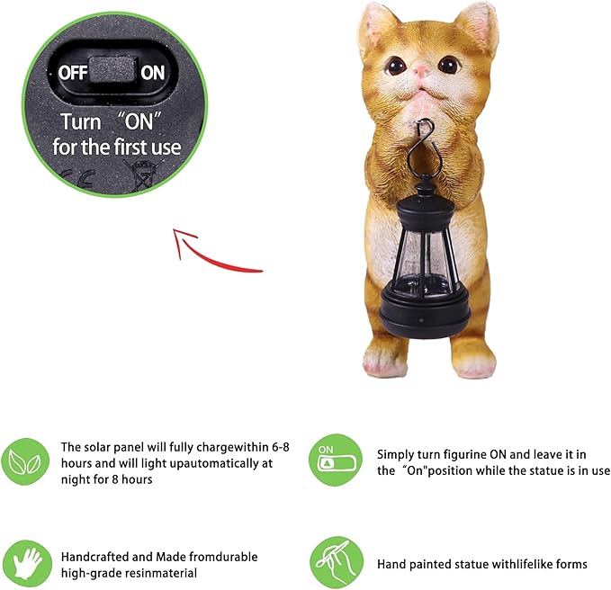 Solar Cat Garden Statue - Adorable Orange Tabby Figurine with Vintage Lantern for Outdoor Decor