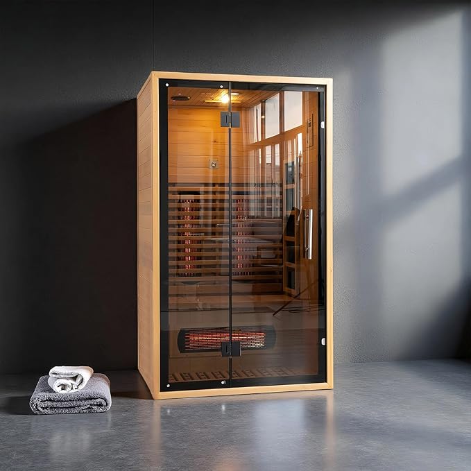 Far Infrared Wooden Sauna 2 Person, Canadian Hemlock Sauna, 120V, 1750 W, 8 Heating Element, 7 Color Light, Oxygen Bar(100-149 ℉) Fast Delivery