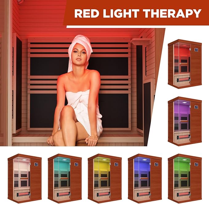 OnxyEdge 2-Person Full Spectrum Sauna with 6.5 * 6.5" Red Light Therapy & 2 Built-in Speakers, Indoor Dry Sauna 1990W/120V with Dual LED Controls for Home & Gym – Canadian Hemlock Spa Room (Wood)