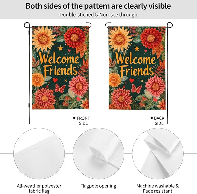 Welcome Friend Garden Flag Vertical Double Sided Outdoor Yard Flags 12.5x18 Inch Burlap Banners for House Lawn